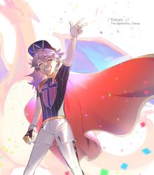 1boy absurdres aged_down arm_up baseball_cap black_headwear cape champion_uniform charizard charizard_pose clenched_teeth closed_eyes commentary confetti dynamax_band fire flame-tipped_tail floating_cape gen_1_pokemon gloves hat highres leon_(pokemon) long_hair male_focus nintendo partially_fingerless_gloves pokemon pokemon_(creature) pokemon_swsh purple_hair red_cape shirt short_shorts short_sleeves shorts single_glove smile tail teeth w white_legwear white_shorts wristband youchengyan
