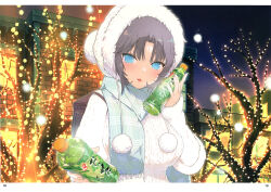 1girl :o absurdres backpack bag beanie blue_eyes blue_scarf blush bottle breasts christmas_lights cityscape drink green_tea grey_hair hat highres holding holding_bottle incoming_gift large_breasts looking_at_viewer magazine_scan night official_art open_mouth scan scarf senran_kagura smile solo striped_clothes striped_scarf sweater tea warming white_sweater winter winter_clothes yaegashi_nan yumi_(senran_kagura)