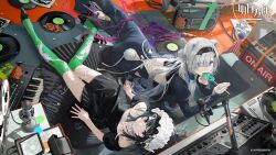 2girls animal_ears aqua_eyes arknights aurora_(arknights) backless_dress backless_outfit bear_ears bear_girl bear_tail black_dress black_eyes black_hair black_hairband black_shoes blue_eyes boombox bow candy coin commentary copyright_name copyright_notice dress eating electric_organ food footwear_bow frilled_hairband frills from_above green_thighhighs grey_hair hairband high_heel_sandals high_heels highres holding holding_candy holding_food holding_lollipop instrument jewelry juliet_sleeves keyboard_(instrument) knees_together_feet_apart la_pluma_(arknights) lal!role lollipop long_sleeves looking_at_viewer lying microphone microphone_stand multiple_girls official_art on_side over-kneehighs party_popper phonograph puffy_sleeves record ribbon ring sandals see-through_strap shaped_lollipop shoes streamers tail thighhighs turntable white_hairband white_ribbon zettai_ryouiki