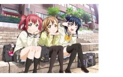 3girls :d ;d aqua_eyes artbook bag bag_charm blue_hair blush bow bowtie brown_hair cardigan charm_(object) closed_mouth day grey_sailor_collar grey_skirt hair_bun head_rest highres kneehighs knees_together_feet_apart kunikida_hanamaru kurosawa_ruby loafers long_hair long_sleeves looking_at_viewer love_live! love_live!_sunshine!! miniskirt multiple_girls non-web_source official_art one_eye_closed open_mouth orange_bow orange_bowtie outdoors pantyhose pleated_skirt purple_eyes red_hair sailor_collar school_bag school_uniform serafuku shoes sitting skirt smile socks thighhighs tsushima_yoshiko twintails two_side_up uranohoshi_school_uniform v v_over_eye winter_uniform yellow_bow yellow_bowtie yellow_eyes zettai_ryouiki