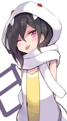 1girl ;p absurdres amano_kouki black_hair chinese_zodiac commentary_request dress hair_between_eyes highres hood hood_up hooded_jacket jacket note-chan one_eye_closed original pink_eyes simple_background sleeveless sleeveless_jacket snake_hood solo tongue tongue_out white_background white_jacket year_of_the_snake yellow_dress