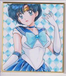 1girl back_bow bishoujo_senshi_sailor_moon blue_choker blue_eyes blue_hair blue_sailor_collar blue_skirt bow choker collarbone earrings elbow_gloves gloves highres jewelry looking_at_viewer magical_girl mizuno_ami sailor_collar sailor_mercury sailor_senshi_uniform short_hair skirt stud_earrings user_kztc4472 white_gloves