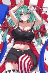 1girl absurdres arms_up black_shorts black_tank_top bow breasts cleavage closed_mouth collarbone crop_top green_eyes green_hair hair_bow hair_ornament heart heart_hair_ornament heterochromia highres indie_virtual_youtuber long_hair midriff mira_mayheme mismatched_thighhighs multicolored_hair navel pillow red_bow red_eyes red_thighhighs second-party_source shorts solo star_(symbol) star_hair_ornament streaked_hair striped_clothes striped_thighhighs tank_top thighhighs two-tone_thighhighs virtual_youtuber white_bow white_hair white_thighhighs yobi_(ybpac18)