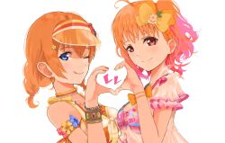 2girls ;q ahoge bikini blue_eyes bow braid breasts closed_mouth ear_piercing hair_bow hand_up heart heart_hands heart_hands_duo kosaka_honoka looking_at_viewer love_live! love_live!_school_idol_festival_all_stars love_live!_school_idol_project love_live!_sunshine!! multiple_girls nail_polish one_eye_closed orange_hair piercing red_eyes short_hair side_braid simple_background smile swimsuit takami_chika takami_chika_(a_chika-tastic_summer) tongue tongue_out upper_body visor_cap white_background yanase_eiwa