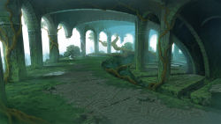 arch architecture atelier_(series) atelier_ayesha fantasy hidari_(left_side) landscape moss nature no_humans official_art overgrown plant ruins scenery vines