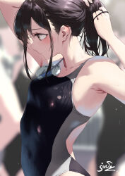 4girls adjusting_hair black_hair black_one-piece_swimsuit blurry blurry_background breasts closed_mouth collarbone commentary_request competition_swimsuit covered_navel jonsun multiple_girls one-piece_swimsuit original ponytail shiori_(jonsun) short_hair sidelocks signature small_breasts solo_focus swimsuit wet wet_clothes wet_swimsuit yellow_eyes