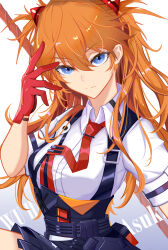 1girl absurdres artist_name black_skirt blue_eyes breasts character_name chinese_commentary closed_mouth collared_shirt commentary_request crossover gloves gradient_background hair_between_eyes hair_ornament hand_up high-waist_skirt highres holding holding_polearm holding_weapon honkai_(series) honkai_impact_3rd long_hair looking_at_viewer medium_breasts necktie neon_genesis_evangelion official_alternate_costume orange_eyes polearm red_gloves red_necktie revision shirt skirt solo souryuu_asuka_langley twintails upper_body weapon white_background white_shirt wu_hai