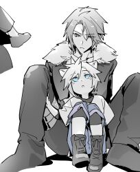 2boys :o aged_down animal_ears belt between_legs blue_eyes boots bright_pupils cat_ears child cloud_strife collarbone commentary_request cropped_jacket expressionless final_fantasy final_fantasy_vii final_fantasy_vii_remake final_fantasy_viii full_body fur-trimmed_jacket fur_trim greyscale hand_on_another&#039;s_leg highres jacket kemonomimi_mode knees_up layered_sleeves lily_(shio1006) long_sleeves looking_down looking_up male_focus monochrome multiple_boys open_clothes open_jacket open_mouth pants scar scar_on_face shirt shoes short_hair shorts sitting spiked_hair spot_color spread_legs squall_leonhart t-shirt thigh_belt thigh_strap time_paradox white_background