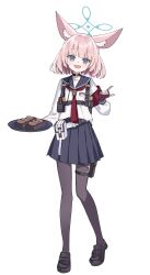 1girl absurdres animal_ear_fluff animal_ears ascot black_pantyhose black_shoes blue_archive blue_eyes blue_sailor_collar blue_skirt blunt_bangs blush fingerless_gloves fox_ears fox_girl fox_shadow_puppet gloves highres holding holding_tray holster inaba_reito looking_at_viewer niko_(blue_archive) open_mouth pantyhose pink_hair pleated_skirt red_ascot red_gloves sailor_collar shoes short_hair skirt solo thigh_holster tray