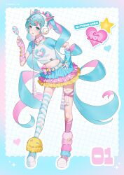 1girl absurdres almn_sk animal_ears asymmetrical_legwear belt blue_arm_warmers blue_hair blue_shoes bow breasts candy colored_inner_hair commentary cute_x_subculture_hatsune_miku_design_contest decora earmuffs english_commentary fake_animal_ears fashion food full_body fur_leg_warmers grid_background hand_on_own_hip hatsune_miku heart heart_print heisei_retro highres holding holding_candy holding_food holding_lollipop jewelry jojifuku layered_skirt leg_warmers lollipop long_hair midriff mismatched_arm_warmers mismatched_legwear mismatched_shoes multicolored_hair multicolored_skirt navel pendant pink_arm_warmers pink_bow pink_hair pink_shoes pom_pom_(clothes) raglan_sleeves ringlets scarf shirt shoes skirt small_breasts sneakers solo standing star_(symbol) striped_clothes striped_scarf swirl_lollipop too_many_hair_ornaments twintails unicorn_print very_long_hair vocaloid white_belt white_shirt yume_kawaii