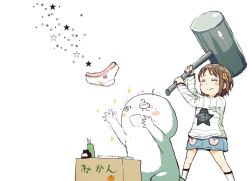 1boy 1girl blue_skirt blush_stickers bow bow_panties box brown_hair closed_eyes closed_mouth clothes_writing commentary denim denim_skirt feet_out_of_frame flower gomennasai hair_flower hair_ornament hammer holding holding_hammer inkwell long_sleeves mikan_box original outstretched_arms panties unworn_panties shirt short_hair simple_background sitting skirt smile socks sparkle standing star_(symbol) tears translation_request trembling underwear white_background white_legwear white_panties white_shirt yellow_flower zangyaku-san