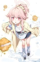 +_+ 1girl ahoge black_skirt blue_archive blush clothes_pin coat collarbone commentary cream cream_on_face drinking_straw food food_on_face full_body hair_bun hair_ornament hair_scrunchie halo highres holding jacket leaning_forward logo_print long_hair long_sleeves looking_at_viewer loose_socks midriff_peek milk_carton miniskirt natsu_(band)_(blue_archive) natsu_(blue_archive) official_alternate_costume open_clothes open_mouth pink_hair pink_halo pleated_skirt print_shirt red_eyes scrunchie shirt shoes skirt socks solo symbol-only_commentary white_shirt white_socks yellow_jacket youguo_naberu