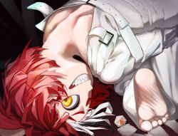 1girl absurdres animal_ears appleblossomtea barefoot black_hair dice evil_grin evil_smile feet grin hakos_baelz highres hololive hololive_english looking_at_viewer mouse_ears mouse_girl multicolored_hair red_hair sharp_teeth short_hair smile soles solo straitjacket streaked_hair teeth virtual_youtuber white_hair yellow_eyes