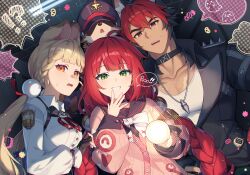 Rule 34 | 1boy, 2girls, absurdres, ahoge, alice thymefield, animal ears, black choker, black jacket, blonde hair, braid, choker, commentary request, dog boy, green eyes, grin, heterochromia, highres, jacket, kamanosuke (zenless zone zero), komano manato, kurobikari, long hair, long sleeves, looking at viewer, low twintails, multiple girls, multiple scars, muscular, muscular male, rabbit ears, rabbit girl, red eyes, red hair, scar, scar across eye, scar on chest, scar on face, smile, speech bubble, sphere hair ornament, spiked jacket, sweatdrop, tanuki, twin braids, twintails, ukinami yuzuha, yellow eyes, zenless zone zero
