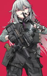 1girl ammunition_pouch black_gloves black_pants bulletproof_vest clenched_teeth commentary_request commission dog_tags ear_protection finger_to_mouth flashlight gloves green_jacket grey_hair gun hair_between_eyes handgun highres holding holding_gun holding_knife holding_weapon jacket knife long_hair looking_at_viewer magazine_(weapon) nyo551 original pants pouch purple_eyes red_background shushing sig_p220/p226 sig_sauer simple_background skeb_commission solo suppressor tactical_clothes teeth weapon