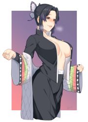 1girl black_hair black_jacket blush border breasts brown_eyes butterfly_hair_ornament cowboy_shot dyun gradient_background hair_ornament haori high-waist_pants highres jacket japanese_clothes kimetsu_no_yaiba kochou_shinobu large_breasts looking_at_viewer multicolored_hair no_bra off_shoulder open_clothes open_jacket pants purple_background purple_hair seductive_smile short_hair smile solo standing sweat two-tone_hair white_border
