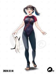 1girl :d ballet_slippers black_hair blue_eyes breasts brown_shoes cat covered_navel dated full_body glasses highleg jumping leotard mole mole_under_eye open_mouth original pantyhose q98780409 shoes short_sleeves simple_background small_breasts smile solo standing twintails white_background