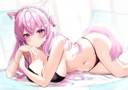 1girl ajirou animal_ears antenna_hair bare_arms bare_shoulders bikini black_bikini blush braid braided_bun breasts cleavage closed_mouth collarbone groin hair_bun hair_ribbon hakui_koyori hand_on_own_cheek hand_on_own_face hexagon_hair_ornament holographic_interface hololive large_breasts legs long_hair looking_at_viewer lying navel on_side pink_hair pink_tail pouty_lips purple_eyes red_ribbon ribbon solo stomach strap_slip swimsuit tail virtual_youtuber wolf_ears wolf_girl wolf_tail