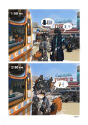 1boy aak_(arknights) absurdres age_difference arknights artist_name blush colored_sclera commentary_request food food_truck furry furry_male highres holding holding_ice_cream_cone holding_money ice_cream ice_cream_cone komainu_boy komainu_ears komainu_tail mixed-language_commentary money motor_vehicle official_alternate_costume onii-shota paid_reward_available scribble shota slit_pupils smile speech_bubble suggestive_fluid tongue tongue_out van yellow_sclera yrac