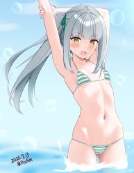 1girl alternate_costume ame-san arm_behind_head armpits arms_up bikini blue_sky breasts brown_eyes cameltoe dated day green_ribbon grey_hair hair_ribbon highres kantai_collection kasumi_(kancolle) long_hair micro_bikini navel ocean open_mouth outdoors ribbon side_ponytail sky small_breasts solo striped_bikini striped_clothes swimsuit wading