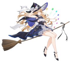 1girl absurdres armpits bare_legs black_bow black_corset black_hat black_shoes blonde_hair bow breasts broom broom_riding closed_mouth collar collared_dress commentary corset dress flantia frilled_corset frills full_body hair_between_eyes hair_bow hat hat_bow high_heels highres kirisame_marisa large_bow large_hat light_blush light_smile long_hair looking_at_viewer orb shoes sideboob simple_background sitting sleeveless sleeveless_dress solo star_(symbol) touhou transparent_background white_bow white_collar white_dress yellow_eyes yin_yang yin_yang_orb