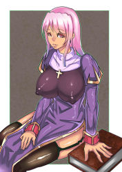 1girl alternate_color breasts brown_thighhighs covered_erect_nipples cross cross_necklace female_focus garter_straps jewelry large_breasts long_hair necklace pink_eyes pink_hair priest_(ragnarok_online) ragnarok_online shiny_clothes solo thighhighs zxc