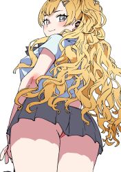 1girl alternate_costume asava_(hutaitenn) ass blonde_hair closed_mouth cowboy_shot earrings grey_eyes grey_skirt hair_ornament hairclip heart heart-shaped_pupils highres jewelry kantai_collection long_hair looking_at_viewer looking_back miniskirt minneapolis_(kancolle) panties red_panties shirt simple_background skirt smile solo symbol-shaped_pupils thighs underwear upskirt wavy_hair white_background white_shirt