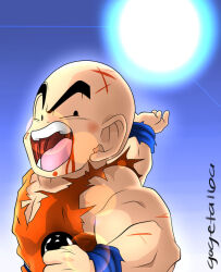 1boy bald bald_male black_eyes blood dragon_ball genki_dama highres kuririn muscular muscular_male scratches solo torn_clothes