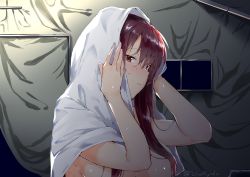 1girl after_bathing blush breasts female_focus from_side girls&#039;_frontline hair_between_eyes highres holding holding_towel large_breasts light light_particles long_hair looking_at_viewer night nude parted_lips purple_hair red_eyes sidelocks solo tent towel tsurime twitter_username uno_ryoku upper_body very_long_hair wa2000_(girls&#039;_frontline) wet window wiping
