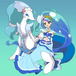 1girl blue_dress blue_eyes blue_hair cure_mermaid dress earrings gen_7_pokemon go!_princess_precure gradient_background haru_283 holding_hands jewelry long_hair midriff navel necklace nintendo pearl_necklace pokemon pokemon_(creature) precure primarina sitting smile tail