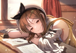 1girl atelier_(series) atelier_ryza atelier_ryza_1 backlighting beret black_hairband blurry blurry_background book bow_hairband brown_eyes brown_hair closed_mouth commentary_request curtains detached_sleeves elbows_on_table hair_ornament hairband hairclip hat head_rest hood hood_down hooded_jacket indoors inkwell jacket open_book quill reisalin_stout shirt short_hair sleeveless sleeveless_jacket sleeveless_shirt smile sunlight table white_headwear white_shirt white_sleeves window yanu yellow_jacket