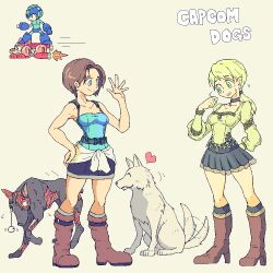 1boy 2girls blonde_hair boots breasts brown_hair capcom chest_harness cleavage clothes_around_waist company_connection crossover demento dog fiona_belli flying flying_sweatdrops harness heart hewie high_heel_boots high_heels jill_valentine low_ponytail mega_man_(character) mega_man_(classic) mega_man_(series) miniskirt multiple_girls ponytail resident_evil resident_evil_3:_nemesis rongoronko rush_(mega_man) short_hair skirt strapless tail tail_wagging tube_top waving zombie_dog