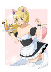 1girl absurdres animal_ears apron blonde_hair breasts creatures_(company) dress drinking_straw fake_animal_ears fake_tail frilled_dress frills game_freak garter_straps gen_1_pokemon green_eyes highres holding holding_tray light_blush lillie_(pokemon) low_neckline maid nintendo open_mouth pikachu pokemon pokemon_sm solo tail thighhighs tray unknown-amelia waist_apron white_apron white_thighhighs