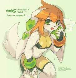 1girl animal_ears blush bracelet breasts can crop_top dog_ears dog_tail eyebrows_hidden_by_hair freedom_planet furry galaxytrail green_background green_eyes heavy_breathing jewelry long_ears looking_at_viewer midriff milla_basset nail_polish navel official_art open_mouth orange_hair shorts skin_tight smile sweat tail thighs toned tyson_tan