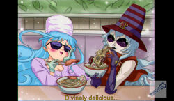 Rule 34 | archnemon, bishoujo senshi sailor moon, bishoujo senshi sailor moon sailor stars, blue hair, company connection, crossover, digimon, digimon (creature), digimon adventure 02, eating, glasses, hat, highres, long hair, sailor aluminum seiren, sunglasses, toei animation