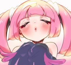 Rule 34 | bandaid, bandaid hair ornament, bandaid on head, coral (pokemon), eyeliner, fang, h renah, hair ornament, highres, kiss, makeup, nintendo, pink eyeliner, pink hair, pokemon, pokemon (anime), pokemon horizons, sleeves past wrists, twintails