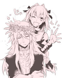 Rule 34 | !, 2boys, android, astolfo (fate), black bow, blush, bow, braid, closed eyes, commentary request, crossed arms, fang, fate/apocrypha, fate (series), flower, flower wreath, hair between eyes, hair bow, hair ribbon, happy, highres, light blush, long braid, long hair, male focus, monochrome, multiple boys, one eye closed, open mouth, parted lips, protected link, ribbon, scar, scar on chest, siegfried (fate), simple background, single braid, skin fang, smile, spiked hair, takasaki (rock rock), trap, white background