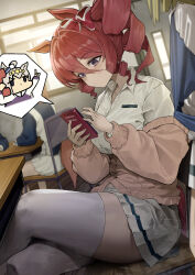 4girls absurdres animal_ears cardigan cellphone crossed_legs drill_hair hair_between_eyes highres holding holding_phone horse_ears horse_girl horse_tail looking_at_phone multiple_girls mutsuru_(omotta_yori) norn_ace_(umamusume) oguri_cap_(umamusume) phone pink_cardigan red_hair shirt simple_background skirt tail thighhighs umamusume umamusume:_cinderella_gray white_shirt white_skirt white_thighhighs zettai_ryouiki