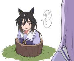 2girls black_hair bow bowtie brown_eyes brown_hair ear_covers fukuro_(maruaru00) god_hannibal_(umamusume) gradient_hair hashtag-only_commentary highres horseshoe_ornament long_hair looking_at_another mejiro_mcqueen_(umamusume) multicolored_hair multiple_girls puffy_short_sleeves puffy_sleeves purple_bow purple_bowtie purple_hair purple_shirt sailor_collar sailor_shirt school_uniform shirt short_sleeves solo_focus stay_gold_(umamusume) streaked_hair stuck tracen_school_uniform tree_stump umamusume umamusume:_cinderella_gray white_background white_hair