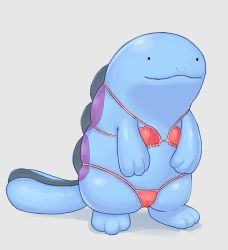 ._. :3 animal_focus bikini black_eyes closed_mouth clothed_pokemon creatures_(company) full_body game_freak gen_2_pokemon grey_background highres katabami nintendo no_humans pokemon pokemon_(creature) quagsire red_bikini shiny_skin simple_background skindentation solo standing string_bikini swimsuit