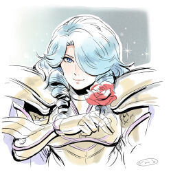 1boy armor between_fingers blue_hair drill_hair drill_sidelocks flower gold_armor gold_cloth gold_saint hair_over_one_eye hand_up holding holding_flower looking_at_viewer male_focus mizuhara_aki pauldrons pisces_aphrodite purple_trim red_flower red_rose ringlets rose saint_seiya saint_seiya:_legend_of_sanctuary shoulder_armor sidelocks smile solo sparkle trap upper_body