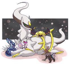 arceus claws creature creatures_(company) dialga eye_contact full_body game_freak gen_4_pokemon gen_7_pokemon giratina giratina_(altered) green_eyes legendary_pokemon looking_at_another mythical_pokemon nintendo palkia pokemon pokemon_(creature) pokemon_on_back red_eyes size_difference sky standing star_(sky) starry_sky taplaos type:_null watermark web_address