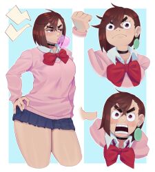 Rule 34 | 1girl, ayase momo, brown eyes, brown hair, cropped legs, dandadan, deven tolo, earrings, frown, highres, jewelry, kami high school uniform, open mouth, pink sweater, school uniform, short hair, surprised, sweater