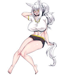 1girl absurdres ahoge alternate_costume animal_ears barefoot biwa_hayahide_(umamusume) black_shorts commentary_request feet full_body greyscale highres horse_ears horse_girl horse_tail long_hair long_sidelocks minew monochrome navel red-framed_eyewear semi-rimless_eyewear shirt shorts sidelocks simple_background smile solo stomach tail toes umamusume under-rim_eyewear very_long_hair white_background white_shirt yellow_eyes