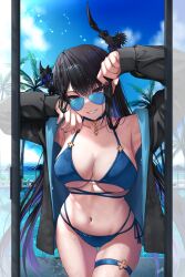 1girl armpits arms_up beach_umbrella bikini black_hair black_shirt blue_bikini blue_hair blue_sky breasts broken_horn choker cleavage cloud commentary danp016 demon_horns glass_door highres hololive hololive_english horns jewelry leaning lens_flare light_particles light_rays looking_at_viewer mole mole_under_eye nerissa_ravencroft palm_tree pool poolside purple_hair red_eyes red_nails ring shirt sideboob signature skindentation sky smile sparkle sunbeam sunlight swimsuit tree umbrella underboob virtual_youtuber water_drop waves wet wet_clothes wet_hair white_fence