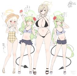 Rule 34 | 4girls, absurdres, aoba (blue archive), bikini, bishooji, blonde hair, blue archive, blush, breasts, full body, green hair, halo, highres, hikari (blue archive), large breasts, long hair, long sleeves, looking at viewer, multiple girls, nozomi (blue archive), open mouth, pointy ears, short hair, small breasts, suou (blue archive), swimsuit, yellow eyes