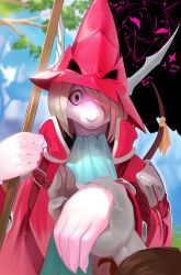 1boy 1girl absurdres ascot blue_ascot blue_sky blurry blurry_background blush body_fur closed_mouth cloud coat constricted_pupils day english_text final_fantasy final_fantasy_ix fratley freija_crescent furry green_eyes grey_fur hands_on_own_cheeks hands_on_own_face hands_up happy heart heart_in_mouth helmet high_collar highres holding holding_hands holding_polearm holding_weapon imagining long_sleeves looking_at_viewer mouse_girl mouse_tail nose_blush open_mouth orange_ribbon outdoors polearm pov red_coat red_headwear ribbon shnider shy sky smile snout solo_focus sparkle standing straight-on surprised tail tail_ornament tail_raised tail_ribbon teeth tree upper_body weapon white_fur winged_helmet