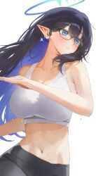 1girl absurdres alternate_costume armpit_crease bare_arms black-framed_eyewear black_leggings blue_archive blue_eyes blue_hair blue_halo blush breasts colored_inner_hair commentary_request cross cross_earrings earrings elf glasses halo highres jewelry large_breasts leggings long_hair multicolored_hair navel ori_(0rizuru) pointy_ears rin_(blue_archive) simple_background solo sports_bra sweat upper_body white_background white_sports_bra wireless_earphones