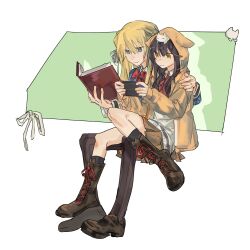 2girls absurdres animal animal_on_head artist_request asakura_karen_(heaven_burns_red) black_hair blonde_hair blue_jacket bow braid commission green_eyes half_up_braid handheld_game_console heaven_burns_red highres holding holding_handheld_game_console hood hood_up hooded_jacket jacket long_hair long_sleeves multiple_girls nintendo_switch on_head playing_games reading red_bow ribbon second-party_source sitting sitting_on_lap sitting_on_person tail toujou_tsukasa twintails white_ribbon yellow_eyes yuri
