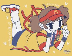 1girl ahoge black_eyes blue_necktie blue_shorts brown_hair closed_mouth collared_shirt colored_skin crossed_ankles expressionless feet_up full_body hand_up hands_up happi heart highres holding holding_microphone imadake_dabuchi_tabemi japanese_clothes leg_warmers lying mcdonald&#039;s microphone necktie no_sclera on_stomach pinstripe_pattern pinstripe_shirt shirt shoes short_hair short_sleeves shorts signature simple_background sneakers solo tasuki twintails visor_cap wavy_eyes white_skin wristband yellow_background yuna_(the_boon_109)